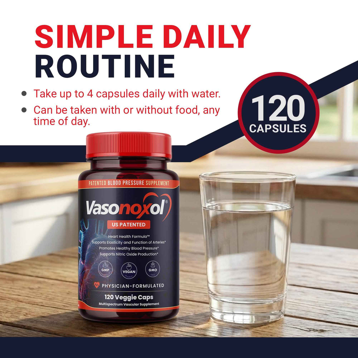Vasonoxol U.S. Patented Nitric Oxide Supplement for Blood Pressure Support 2880mg - Physician Formulated Vascular Health Formula with L-Arginine & L-Citrulline - Vegan, Non-GMO (120 Capsules)