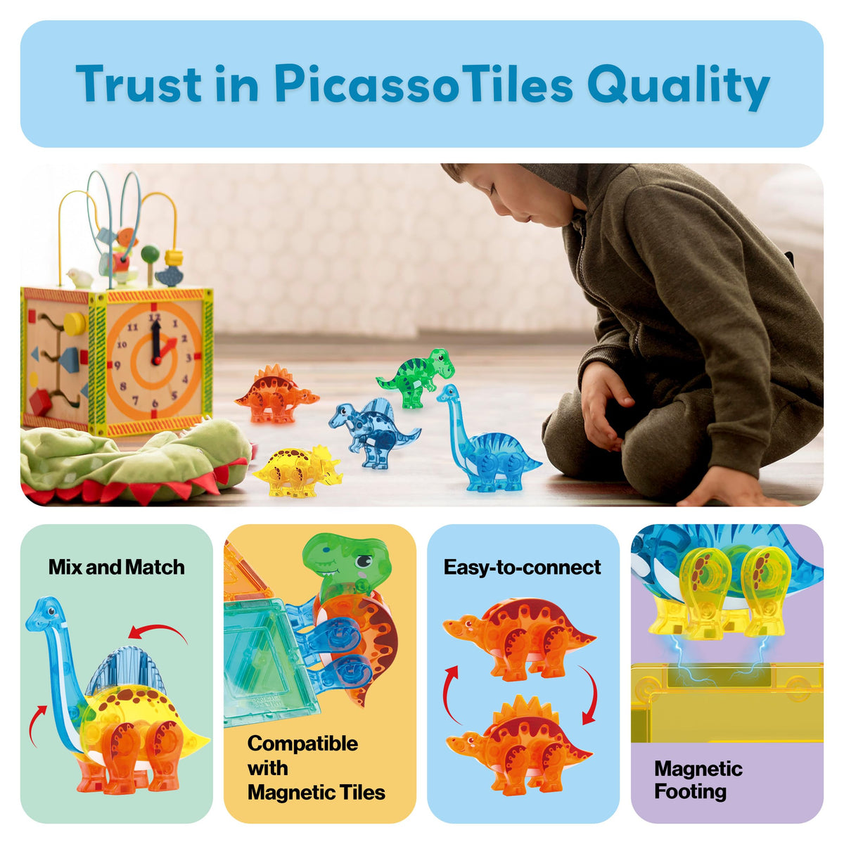 PicassoTiles Dinosaur Magnetic Tiles Accessory Set Mix and Match Dino Figure Parts for STEM Magnet Tile Construction Building Blocks Sets Creative Pretend Play Educational Toy for Kids Ages 3+ PTA28