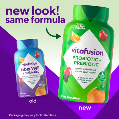 Vitafusion Fiber Well Probiotic Gummies | 3g Fiber | 60 Adult Gummy Vitamins for Women & Men | Plus Prebiotics | Assorted Fruit Flavors | Gluten and Dairy-Free Supplement