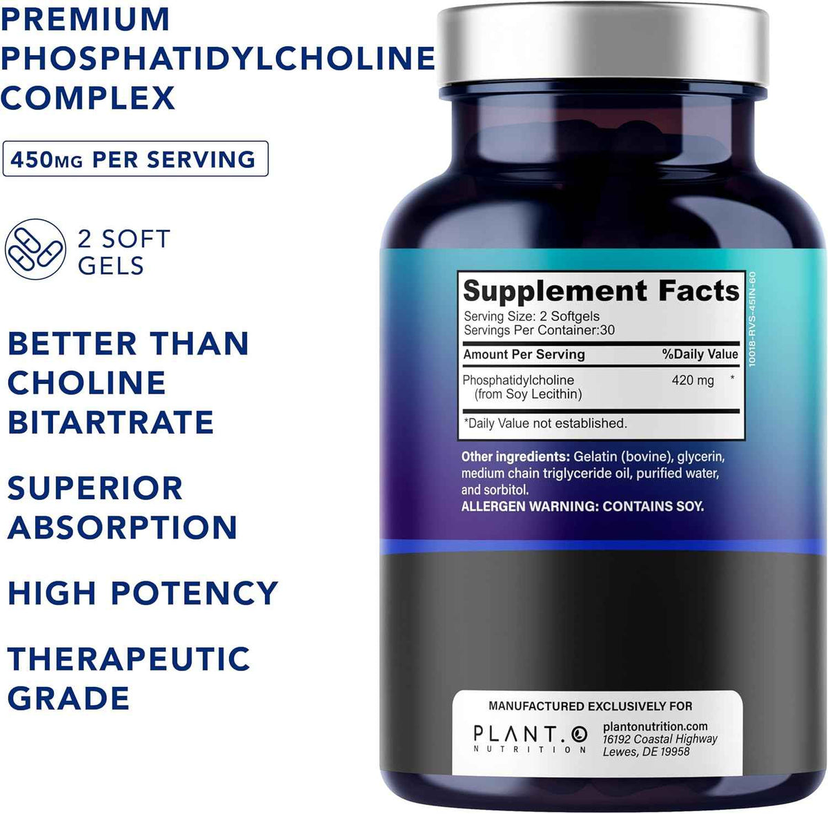 PLANT.O NUTRITION Choline Phosphatidyl Supplement - High Potency 430mg Phospholipid Complex - Promotes Energy, Liver, Brain, & Cognitive Health - 60 Softgels