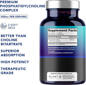 PLANT.O NUTRITION Choline Phosphatidyl Supplement - High Potency 430mg Phospholipid Complex - Promotes Energy, Liver, Brain, & Cognitive Health - 60 Softgels