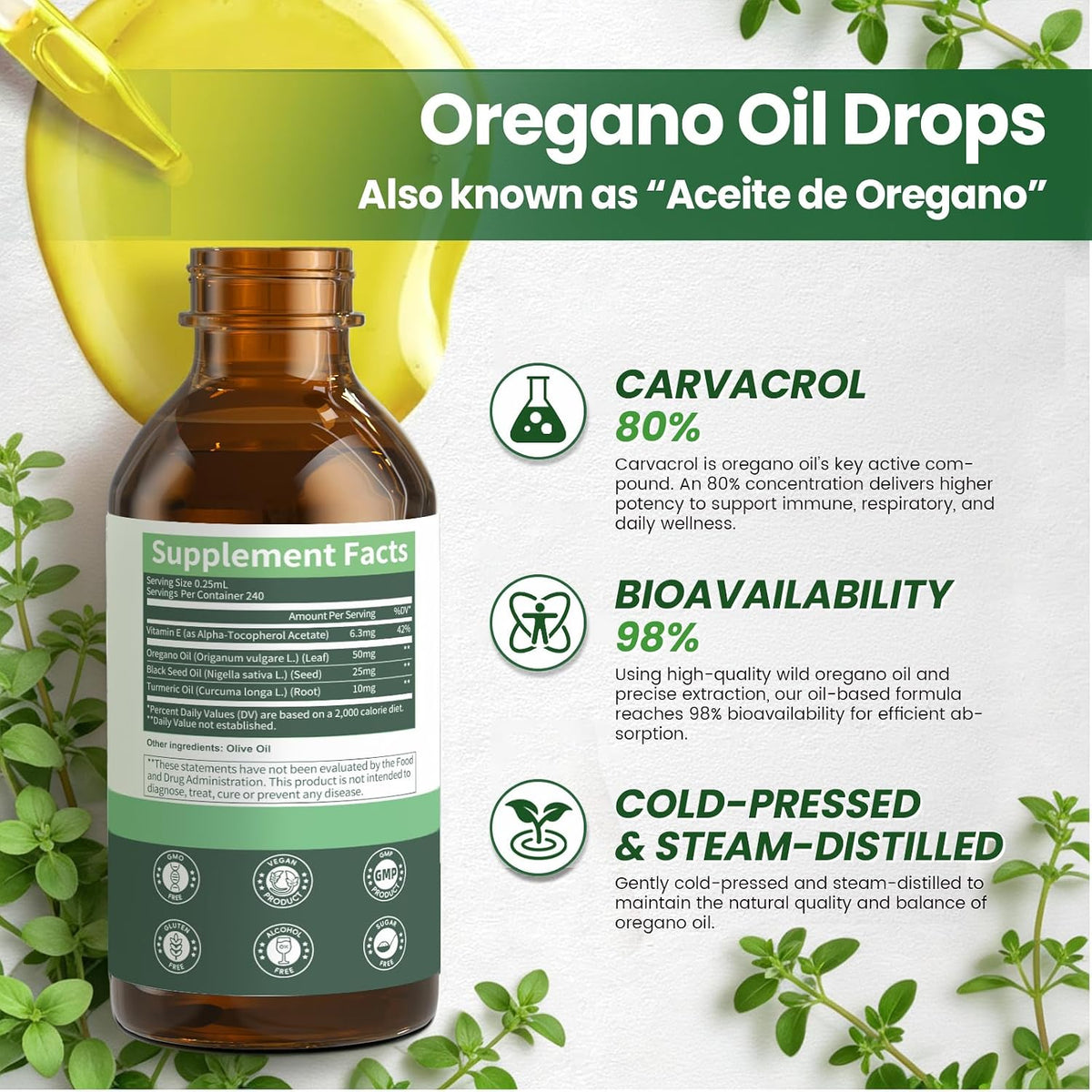 Oil of Oregano Drops with Black Seed Oil, 80% Carvacrol, 8 Month Supply - Immune, Digestive, Detox & Natural Cleanse for Humans*, Undiluted Oregano Oil with Turmeric Oil, Vitamin E & Olive Oil Based