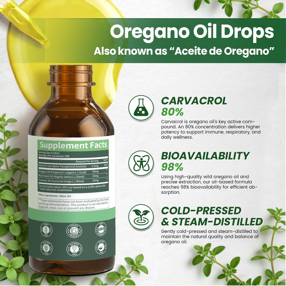 Oil of Oregano Drops with Black Seed Oil, 80% Carvacrol, 8 Month Supply - Immune, Digestive, Detox & Natural Cleanse for Humans*, Undiluted Oregano Oil with Turmeric Oil, Vitamin E & Olive Oil Based