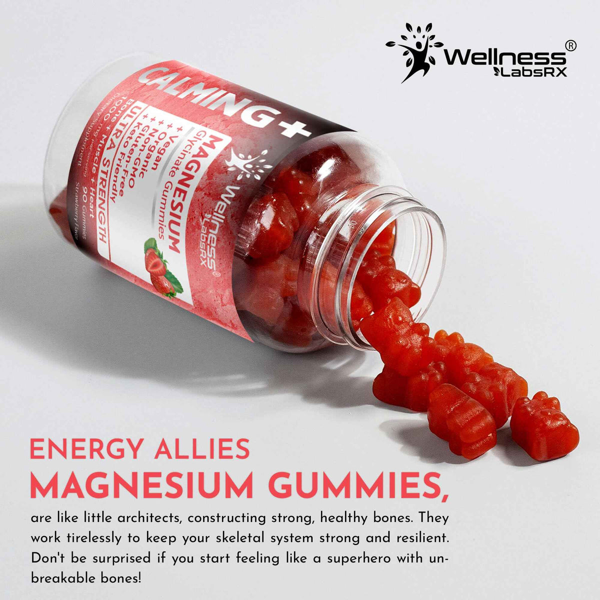 Magnesium Glycinate Gummies, 1000 mg - Magnesium Supplement to Support Relaxation, Heart Health - Chewable Calm Magnesio Gummies for Adults, Glicinato De Magnesio - Strawberry Flavor