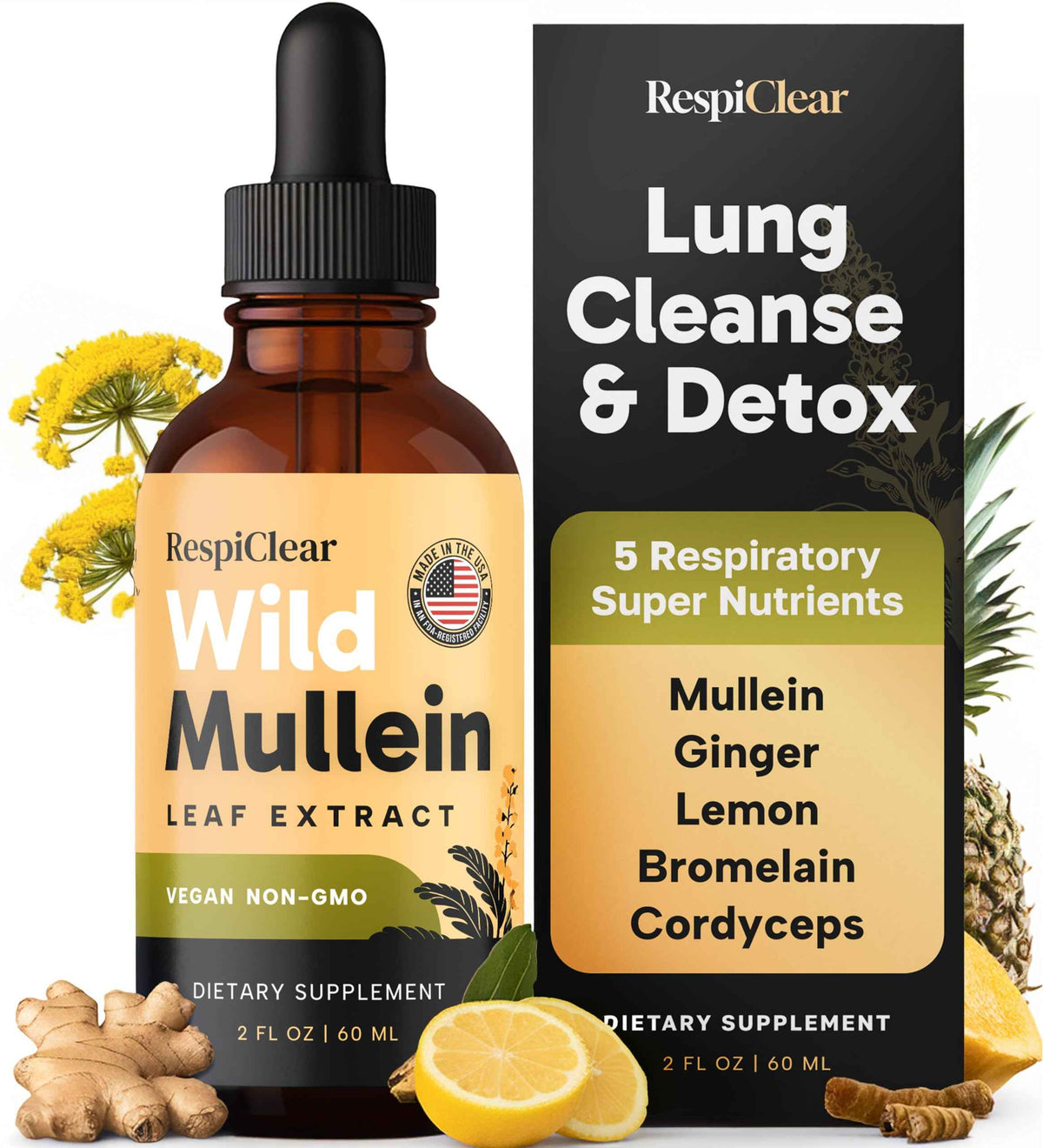 All-Natural Mullein Drops with Ginger & Lemon for Lung Cleanse and Detox, Mullein Leaf Extract for Respiratory Lung Health & Detox for Smokers, 2 Fl oz
