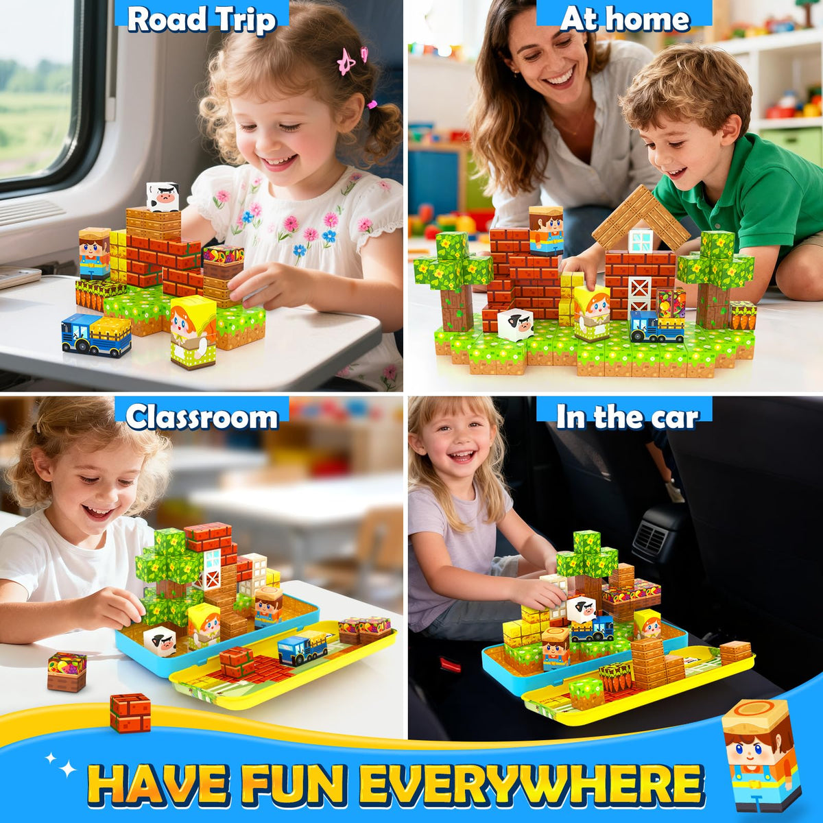 Soyee Magnetic Blocks Travel Toddler Toys Magnet Building Tiles Construction Cubes STEM Sensory Learning Farm Toys with Box Christmas Birthday Gifts for Kids Ages 3 4 5 6 7 8 Year Old Boys Girls