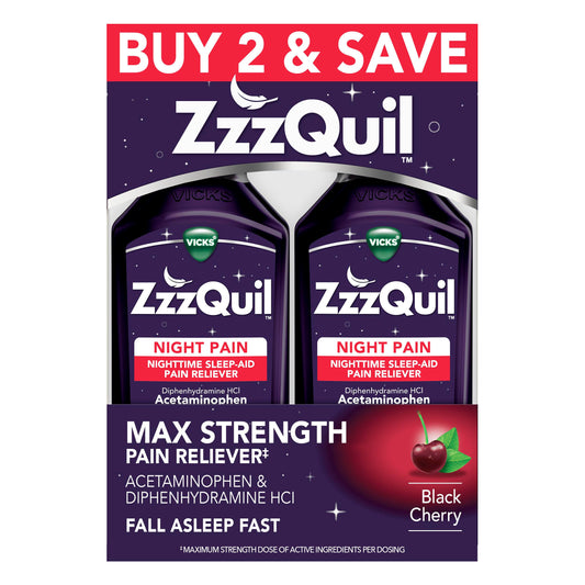ZzzQuil Liquid Max Strength Pain Reliever, Nighttime Sleep Aid Liquid, Acetaminophen 1000mg, Diphenhydramine 50mg HCI, Non-Habit Forming, Black Cherry Flavored, 2 Pack, 24 FL OZ