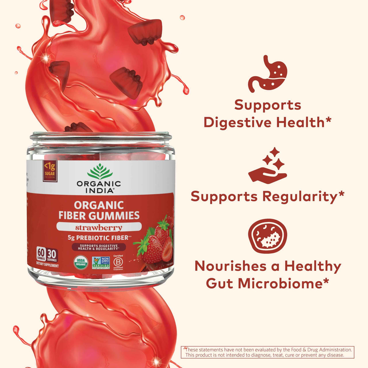 ORGANIC INDIA Fiber Gummies for Adults - Prebiotic Fiber, Dietary Supplement, Digestive Health for Men & Women, Vegan, Low Sugar