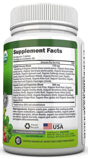 Organic Super Greens Capsules - Fruit And Vegetable Supplements - 120 Count - 28 USDA Organic & Vegan Premium Ingredients - Superfood Blend For Immune Health, Digestion & Energy - Whole Food Vitamins NutriONNBuy Supplements Australia