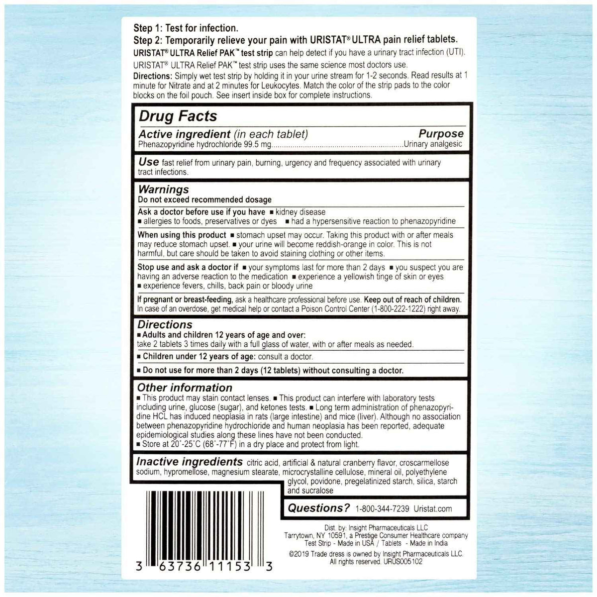 Uristat Ultra Strength Urinary Tract Infection Treatments and Test Relief Kit - 1 UTI Test Strip & 12 Cranberry Flavor Relief Tablets to Ease Urinary Pain, Burning & Urgency