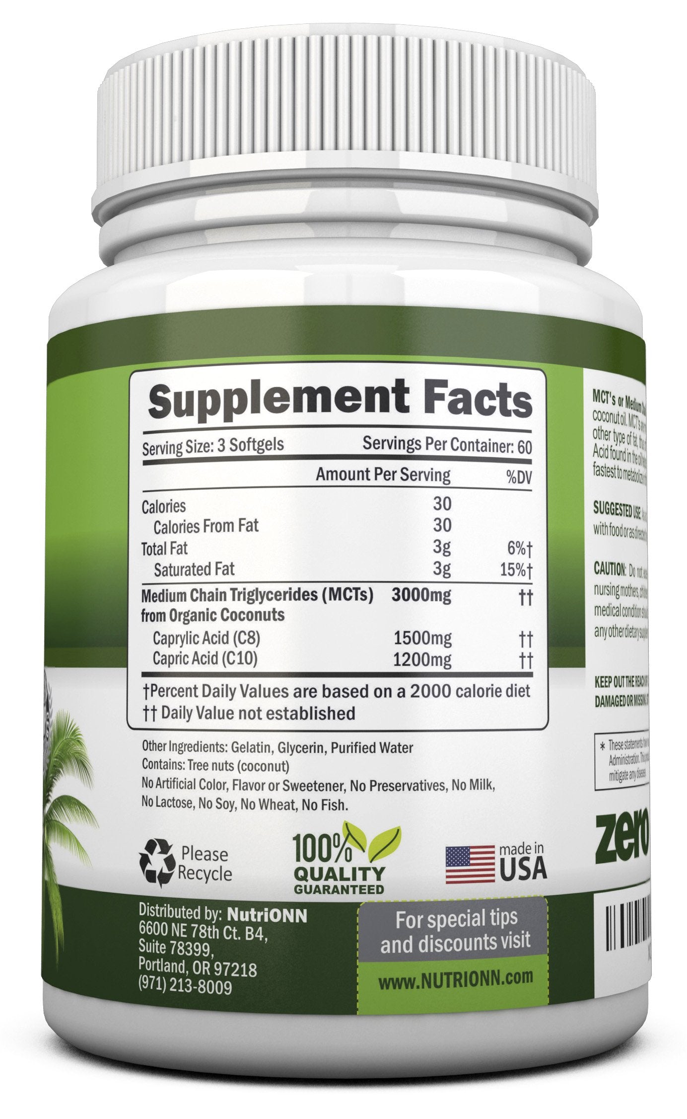 NutriONN MCT Oil - 3000mg Per Serving - 180 Softgels - Made from 100% Organic Coconuts - Non GMO, Cold Pressed, Paleo Friendly Capsules - Great for Focus & Gut Health