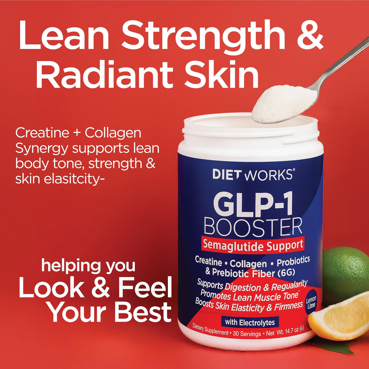 DietWorks GLP-1 Booster – Daily Companion Drink Mix with 6g Prebiotic Fiber, Probiotics, Collagen & Creatine – Supports Gut Health, Hydration, Energy & Wellness – Lemon Lime Flavor, 30 Servings