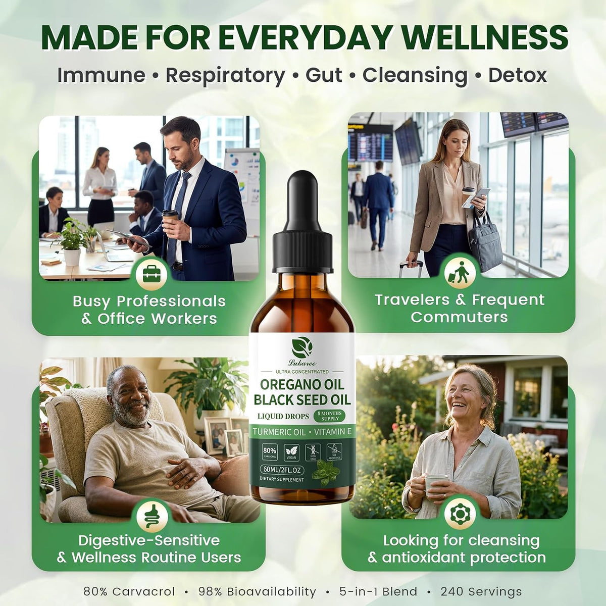 Oil of Oregano Drops with Black Seed Oil, 80% Carvacrol, 8 Month Supply - Immune, Digestive, Detox & Natural Cleanse for Humans*, Undiluted Oregano Oil with Turmeric Oil, Vitamin E & Olive Oil Based
