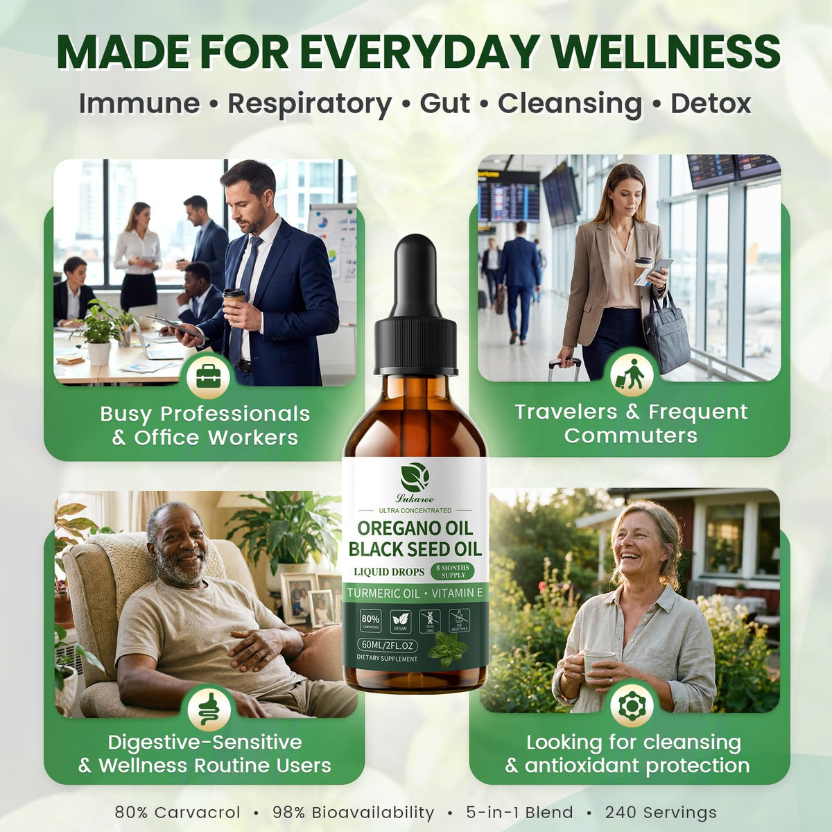 Oil of Oregano Drops with Black Seed Oil, 80% Carvacrol, 8 Month Supply - Immune, Digestive, Detox & Natural Cleanse for Humans*, Undiluted Oregano Oil with Turmeric Oil, Vitamin E & Olive Oil Based
