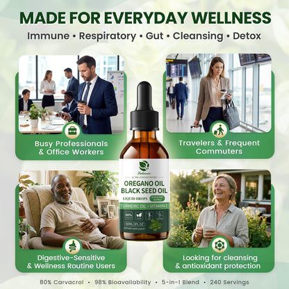 Oil of Oregano Drops with Black Seed Oil, 80% Carvacrol, 8 Month Supply - Immune, Digestive, Detox & Natural Cleanse for Humans*, Undiluted Oregano Oil with Turmeric Oil, Vitamin E & Olive Oil Based