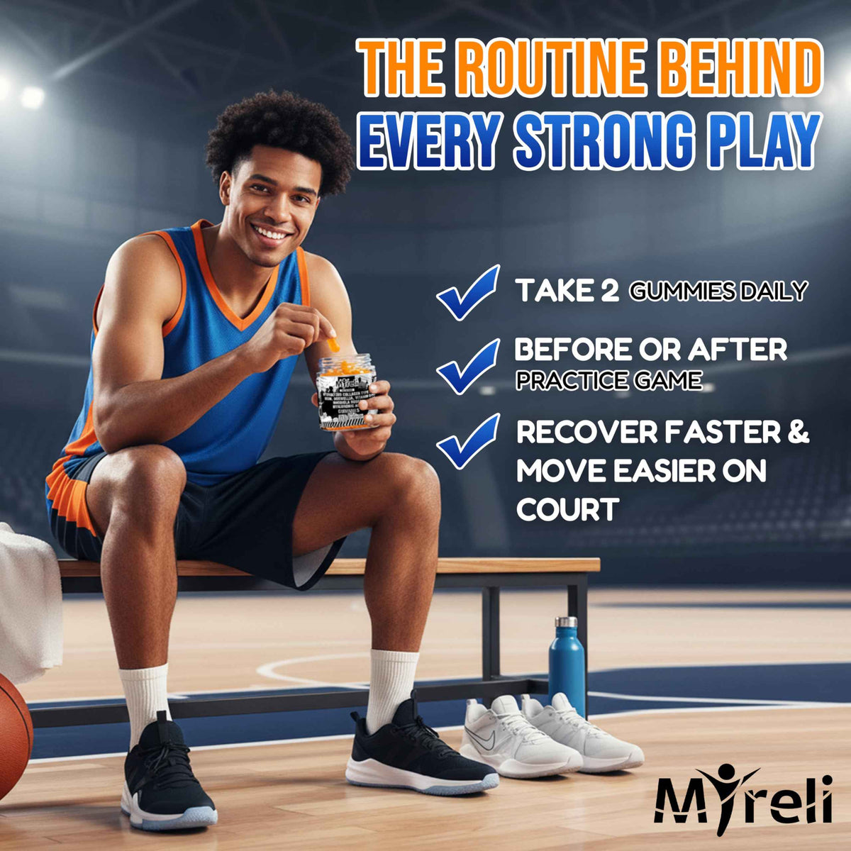 MYRELI Hydrolyzed Collagen Type II 500mg, MSM 700mg, Boswellia 200mg, Vitamin C 400mg, Rhodiola 100mg, Hyaluronic Acid 100mg, Joint Mobility, Flexibility, Basketball Athletes, Vegan, Non GMO, 60 Gummy