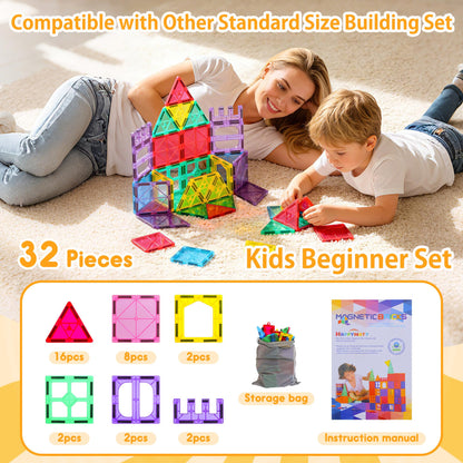 HAPPYMATY Next-Gen Antibacterial Magnetic Tiles, Safe & Clean Play for Kids