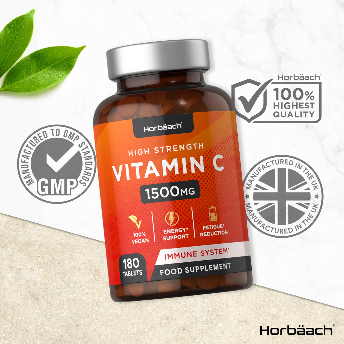 Vitamin C Tablets 1500mg | 180 Count | High Strength Vegan Supplement | No Artificial