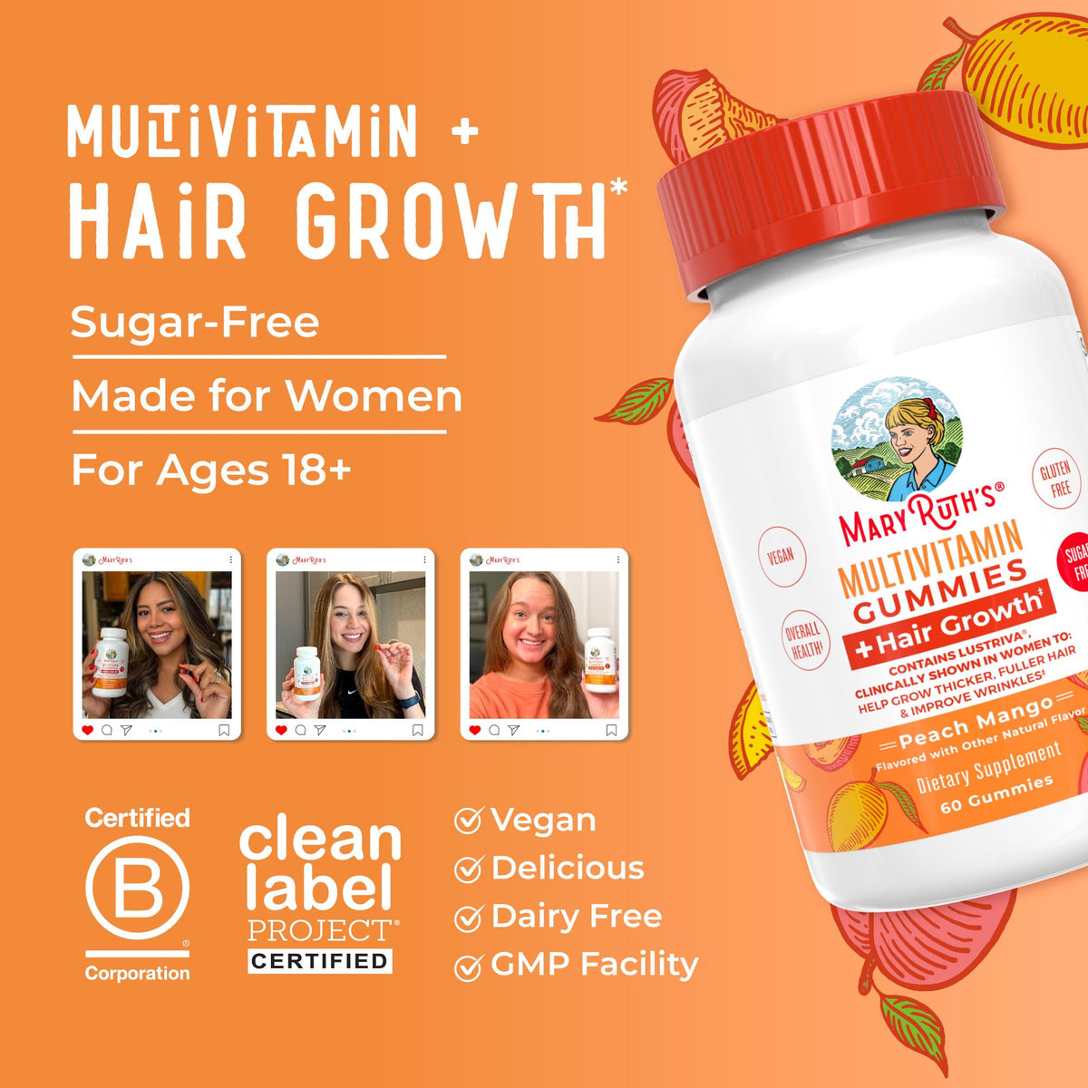 MaryRuth's Multivitamin + Hair Growth Gummies - with Lustriva - Biotin 10000mcg - B Vitamins - Formulated for Thicker Hair, Wrinkles, Fine Lines, Skin Care - Ages 18+ - 30 Servings