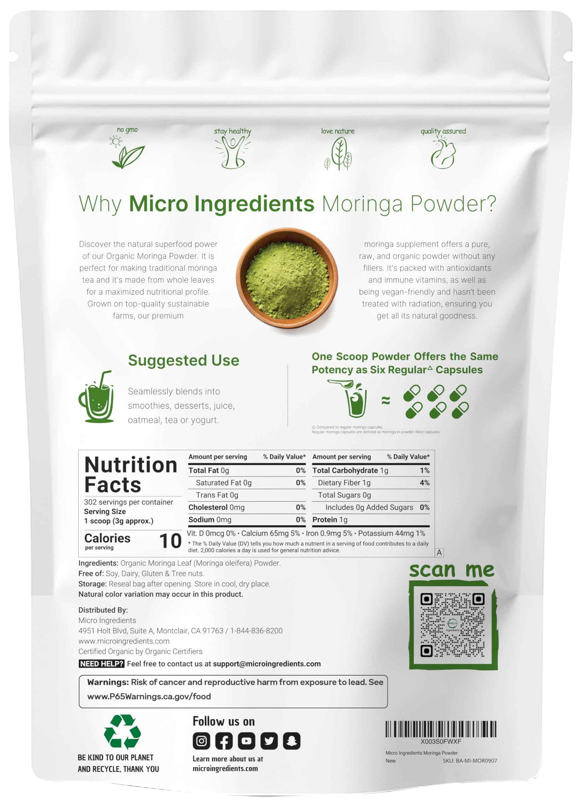 Micro Ingredients Organic Moringa Oleifera Leaf Powder, 2 Pound - Rich in Antioxidants & Immune Vitamins - Pure Leaves Without Stems