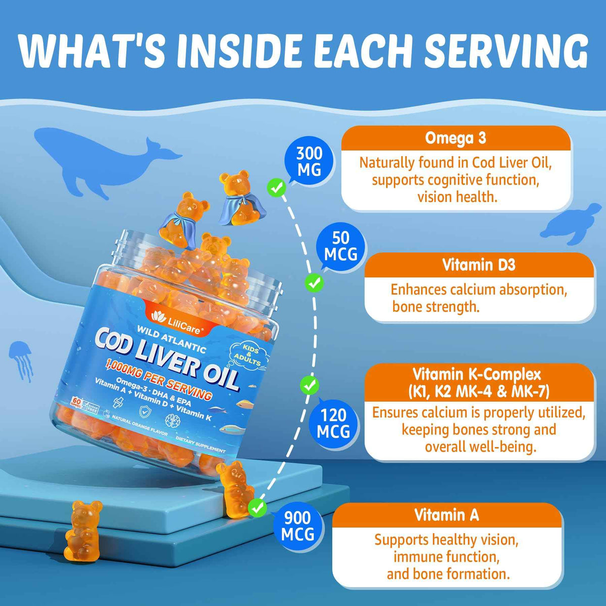 Cod Liver Oil Gummies 1000mg for Kids & Adults - w/Omega 3 (EPA & DHA), Vitamins A, D3 & K2 - Cod Liver Oil Omega 3 Gummies for Immune, Brain & Cognitive Support, SugarFree, Orange Flavor, 120Cts