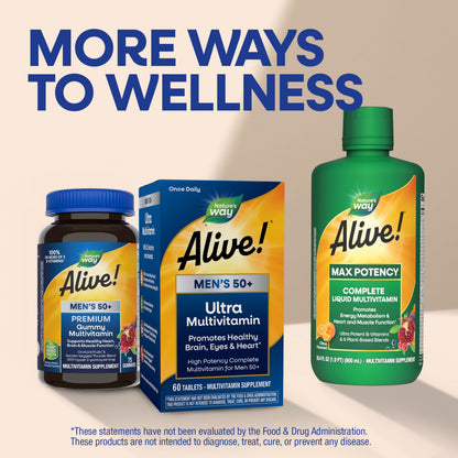 Nature's Way Alive! Ultra Potency Multivitamin for Men 50 Plus, Complete High Potency Formula with Vitamin D3, C, E, Methyl B12, Supports Cellular Energy, Heart, Brain, and Eye Health,* 150 Tablets