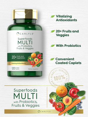 Carlyle Fruits and Veggies Supplement - 120 Count - Superfood Multivitamin with Probiotics - Made with 20 Fruits and Vegetables - Non-GMO & Gluten Free