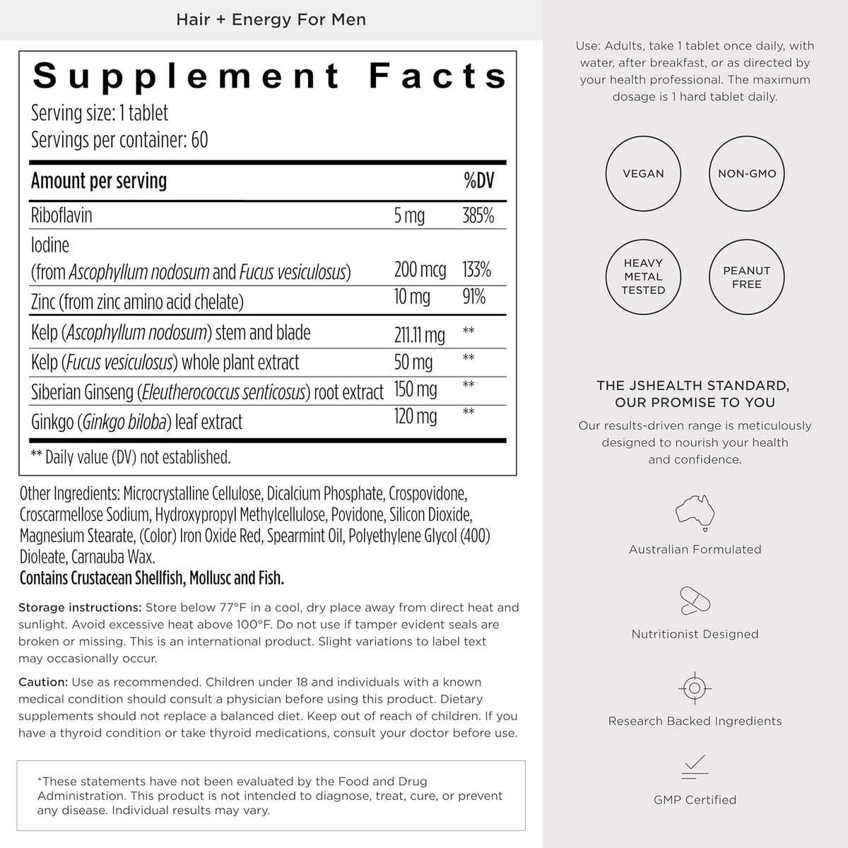 JSHealth Hair Growth Supplement for Men Nutritionist Formulated - 60 Count - Made with Kelp Iodine, Zinc, Siberian Ginseng, Ginkgo. Supports Hair, Healthy Hormone Levels, Energy, Stamina