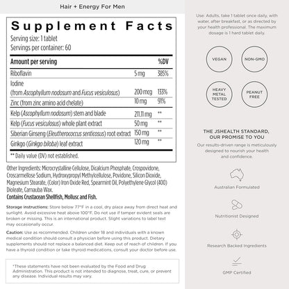 JSHealth Hair Growth Supplement for Men Nutritionist Formulated - 60 Count - Made with Kelp Iodine, Zinc, Siberian Ginseng, Ginkgo. Supports Hair, Healthy Hormone Levels, Energy, Stamina