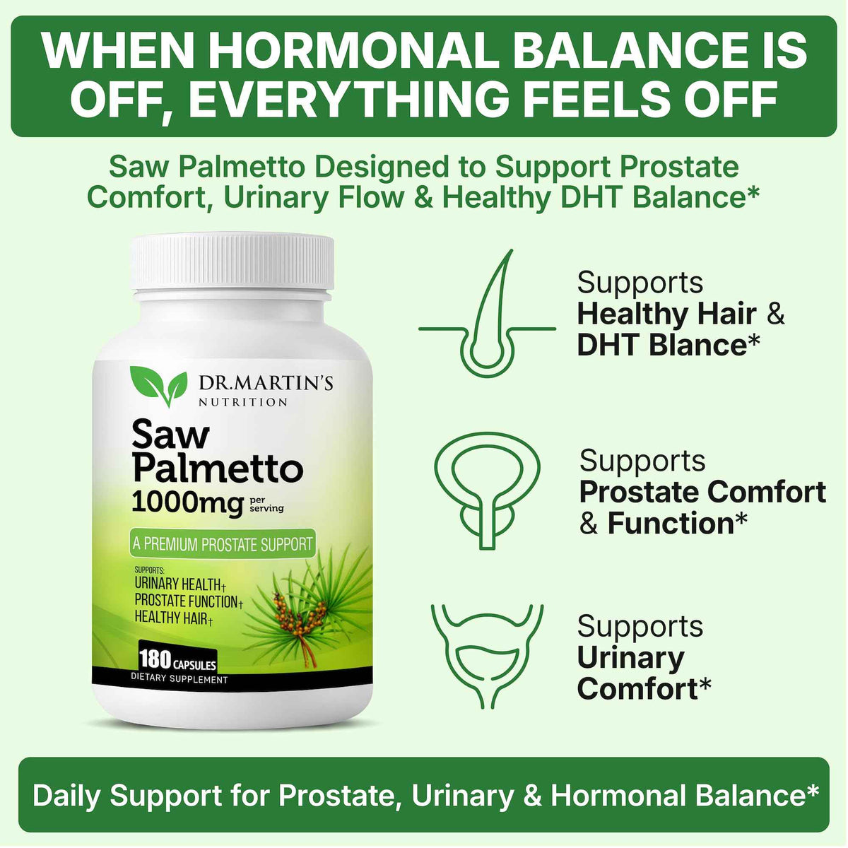 USA Grown Saw Palmetto - 180 Capsules Prostate Health Supplement - Hair Growth for Men & Women - Support to Help Maintain Normal Urination Frequency