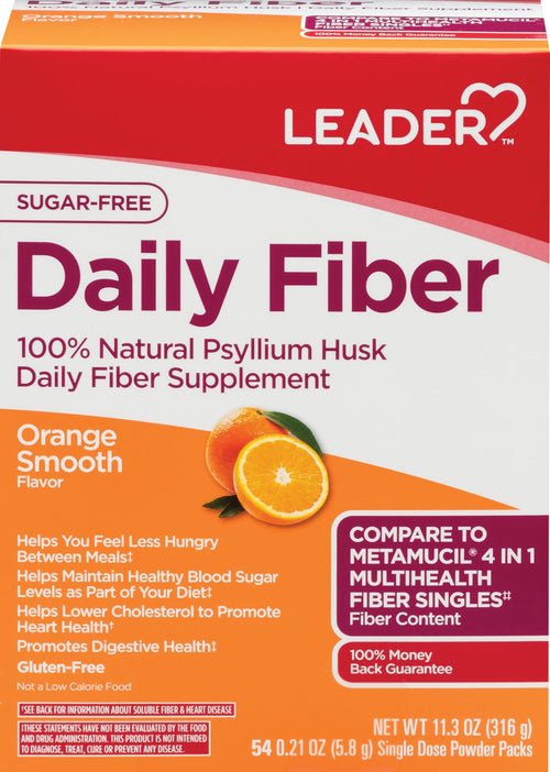 Leader Psyllium Husk Powder Supplement 4-in-1 Fiber, Orange, 54 Packets