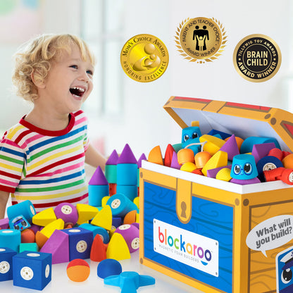 Blockaroo Magnetic Foam Building Blocks - 100-Piece Set with Storage Chest, Bath Toys for Toddlers, Preschool Toys, Sensory Toys, Blocks for Toddlers 3-5, Engineering Toys for Kids 3-5
