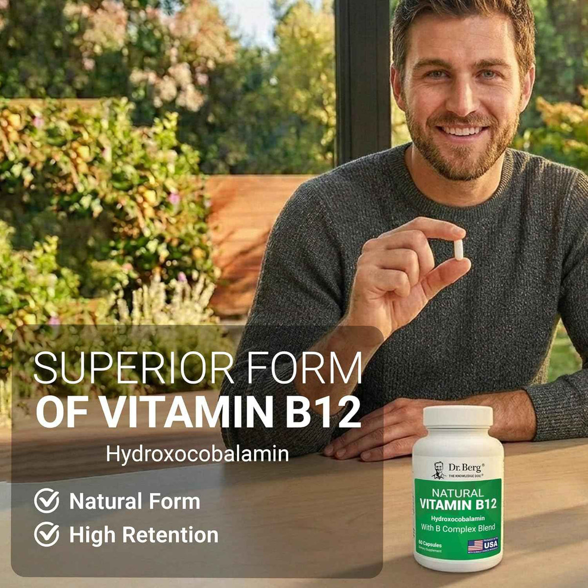 Dr. Berg Natural Vitamin B12 1000 mcg (Hydroxocobalamin) 60 Capsules - Energy, Brain & Nervous System Support* - w/B-Complex + Magnesium - 4X Lab Tested, GMO-Free, No Fillers