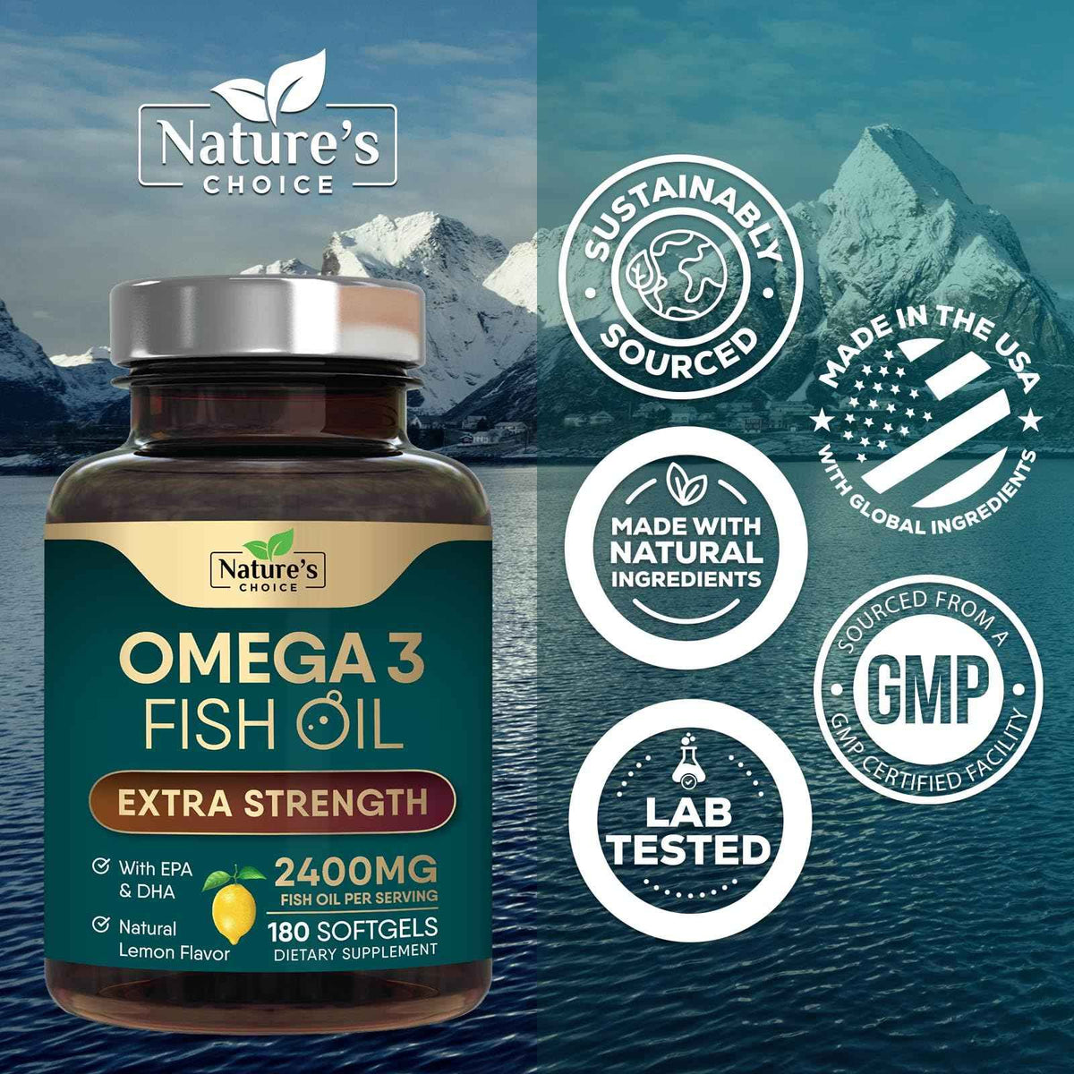 Omega 3 Fish Oil Supplements - 2400mg Fish Oil Per Serving - Triple Strength Omega-3 with Fatty Acids EPA & DHA - Natural Heart, Brain & Immune Support