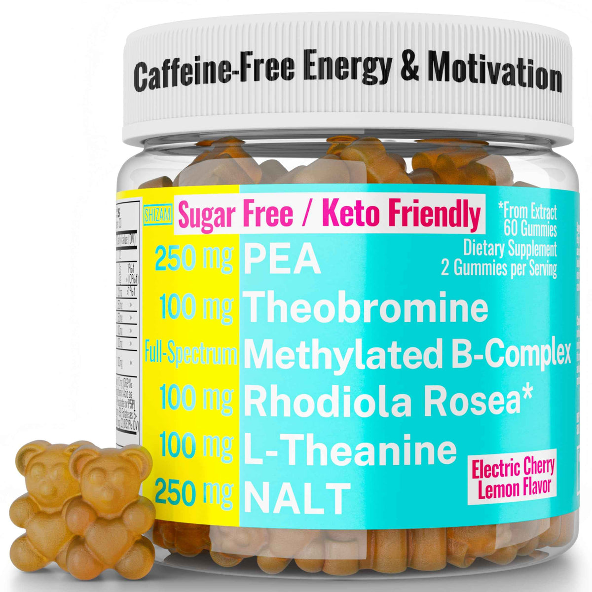 Rhodiola Rosea NALT N-Acetyl-L-Tyrosine Methylated Vitamin B Complex L-Theanine Gummies w P5P B6 5-MTHF B9 Folate Methyl B12 Methylcobalamin B3 Niacinamide, Supplement Powder Capsule Pill Supplements