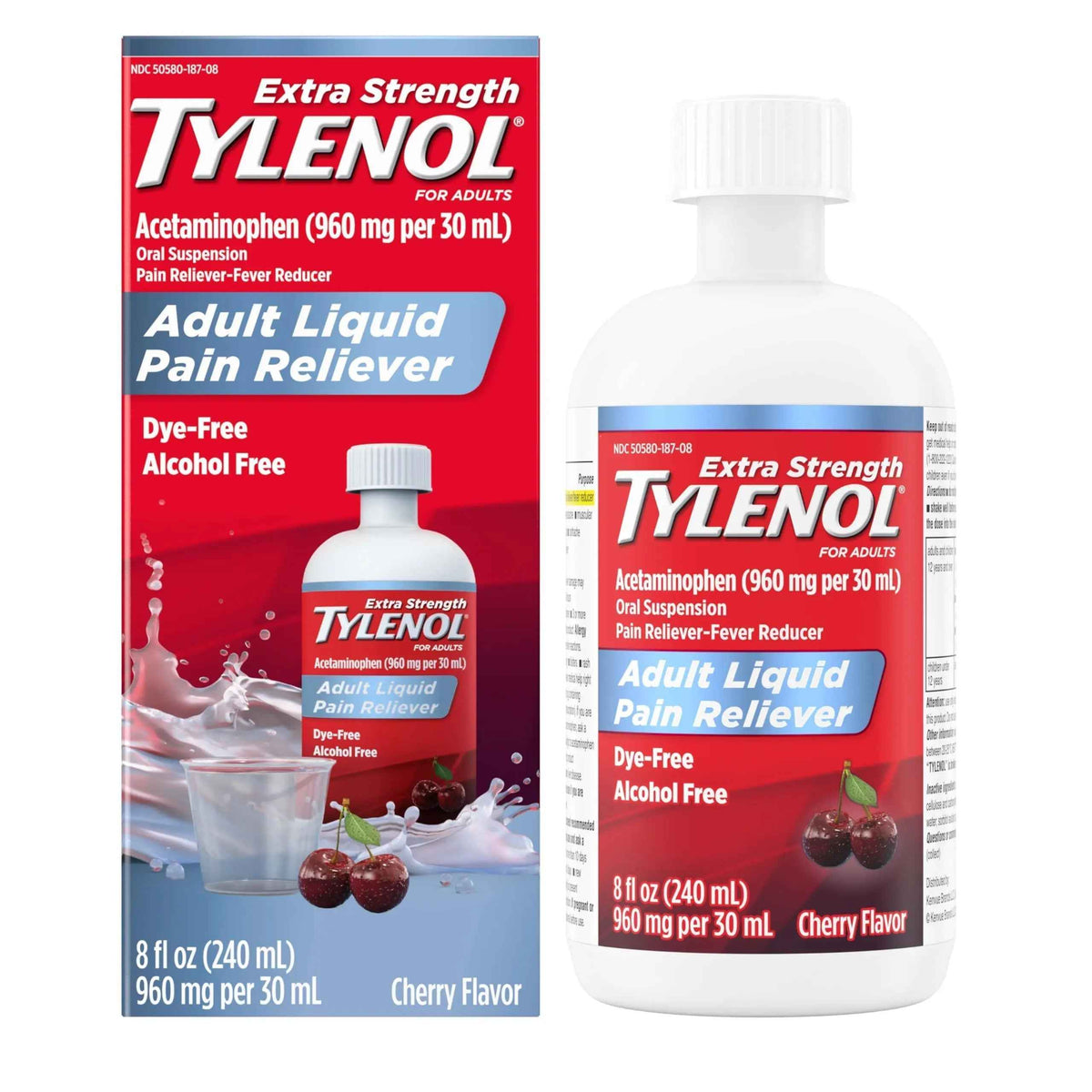 Tylenol Adult Liquid Pain Reliever and Fever Reducer, Extra Strength Liquid Acetaminophen for Fast Pain Relief for Headaches & Other Minor Pain, Cherry Flavor, Dye & Alcohol Free, 8 fl. oz