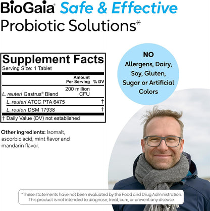 BioGaia Gastrus L reuteri Probiotic - 35 Years of Clinical Gut Research - L reuteri 6475 + 17938 Probiotics - Ease Gut Discomfort, Gas & Bloating - Promotes a Healthy Gut & Microbiome - 30 Chewables