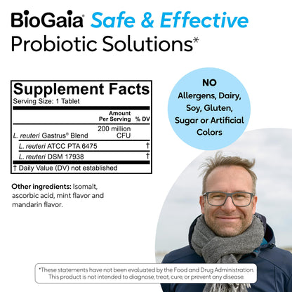 BioGaia Gastrus L reuteri Probiotic - 35 Years of Clinical Gut Research - L reuteri 6475 + 17938 Probiotics - Ease Gut Discomfort, Gas & Bloating - Promotes a Healthy Gut & Microbiome - 30 Chewables