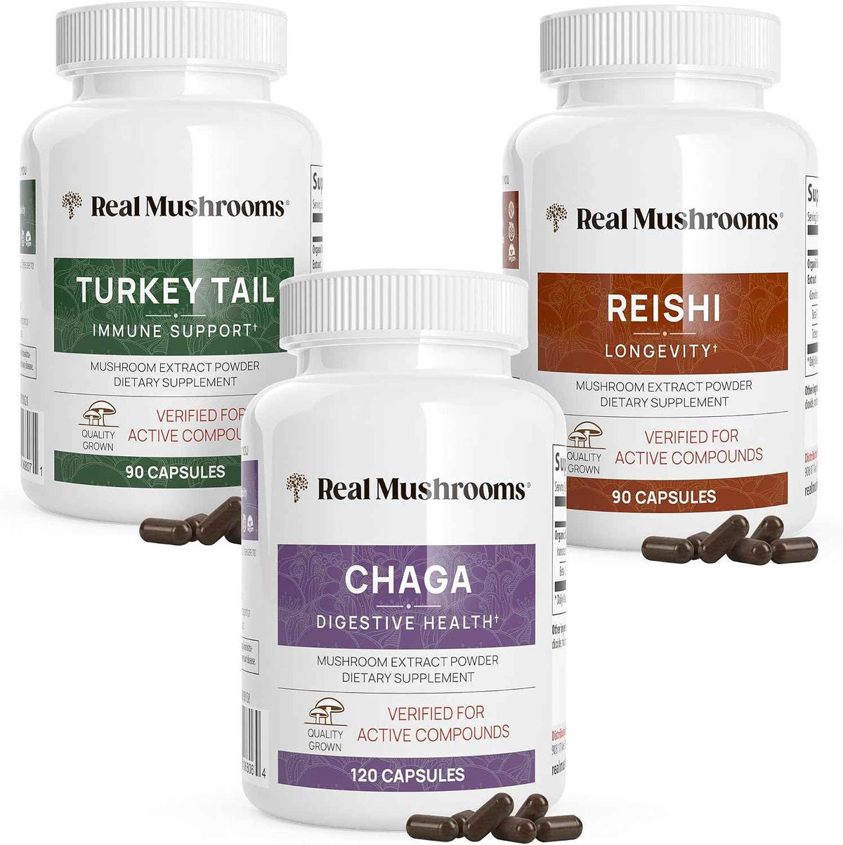Reishi 415 Longevity Capsules (90ct), Turkey Tail Mushroom Extract Immune Support (90ct), Chaga Extract Mushroom Supplement (120 caps)