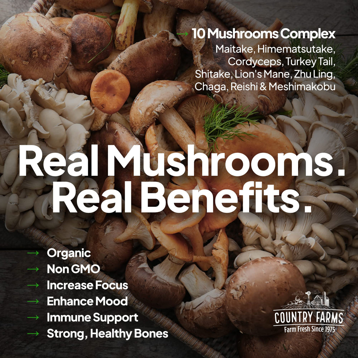 Country Farms Super Greens Natural Flavor, 50 Organic Super Foods, USDA Organic Drink Mix, Fruits, Vegetables, Super Greens, with Fiber, Mushrooms & Probiotics, Supports Energy, 60 Servings, 900g