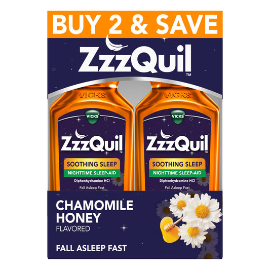 ZzzQuil Liquid Sleep Aid, Soothing Sleep, Diphenhydramine 50mg HCl, Chamomile Honey Flavored, Nighttime Sleep Aid Liquid, Sleep Aids for Adults, 2 Pack, 24 FL OZ