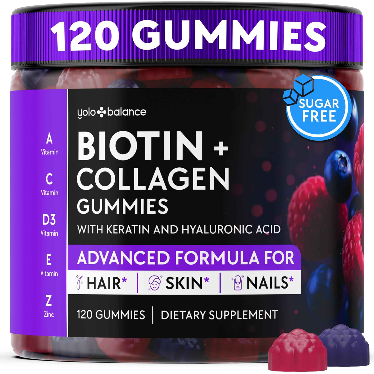 YOLOBALANCE Biotin Gummies 10000mcg for Hair Growth Support - Sugar Free Multi Collagen with Keratin, Silica & Hyaluronic Acid - Pectin Based