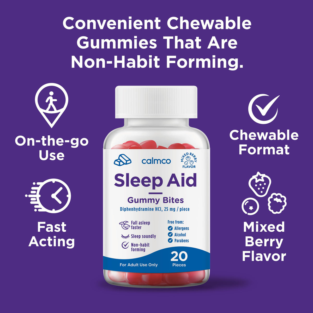 CalmCo Adult Sleep Aid Gummy Bites, Mixed Berry Flavor, 20 Count