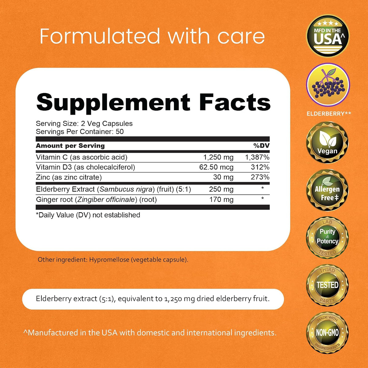 NaturaLife Labs Vitamin C with Vitamin D3, Zinc, Elderberry & Ginger Root - 1,700 mg per Serving - 100 Capsules, Vegan, Non-GMO, Gluten Free