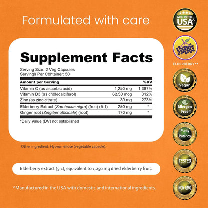 NaturaLife Labs Vitamin C with Vitamin D3, Zinc, Elderberry & Ginger Root - 1,700 mg per Serving - 100 Capsules, Vegan, Non-GMO, Gluten Free