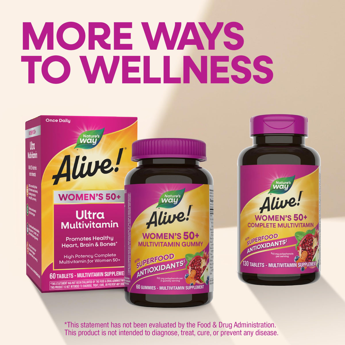 Nature's Way Alive! Women's 50 Plus Complete Multivitamin Tablets, Daily Vitamin for Women 50 +, Supports Healthy Heart, Bones, and Brain Function*, with Superfood Antioxidants(1), 130 Tablets