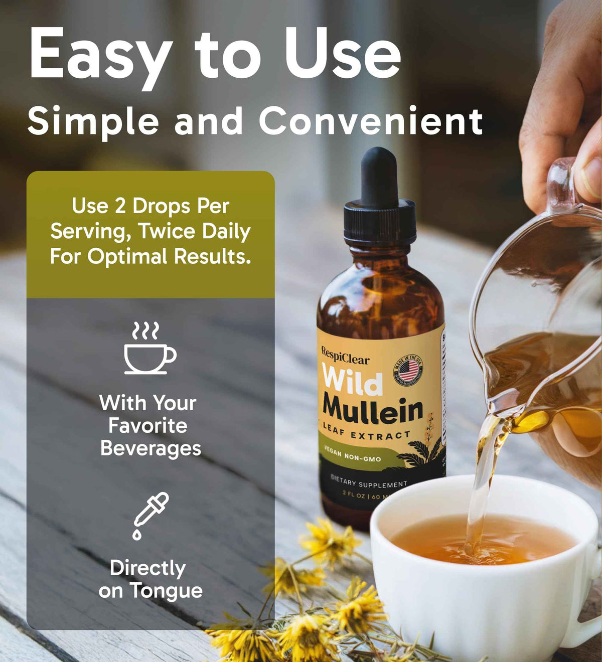 All-Natural Mullein Drops with Ginger & Lemon for Lung Cleanse and Detox, Mullein Leaf Extract for Respiratory Lung Health & Detox for Smokers, 2 Fl oz