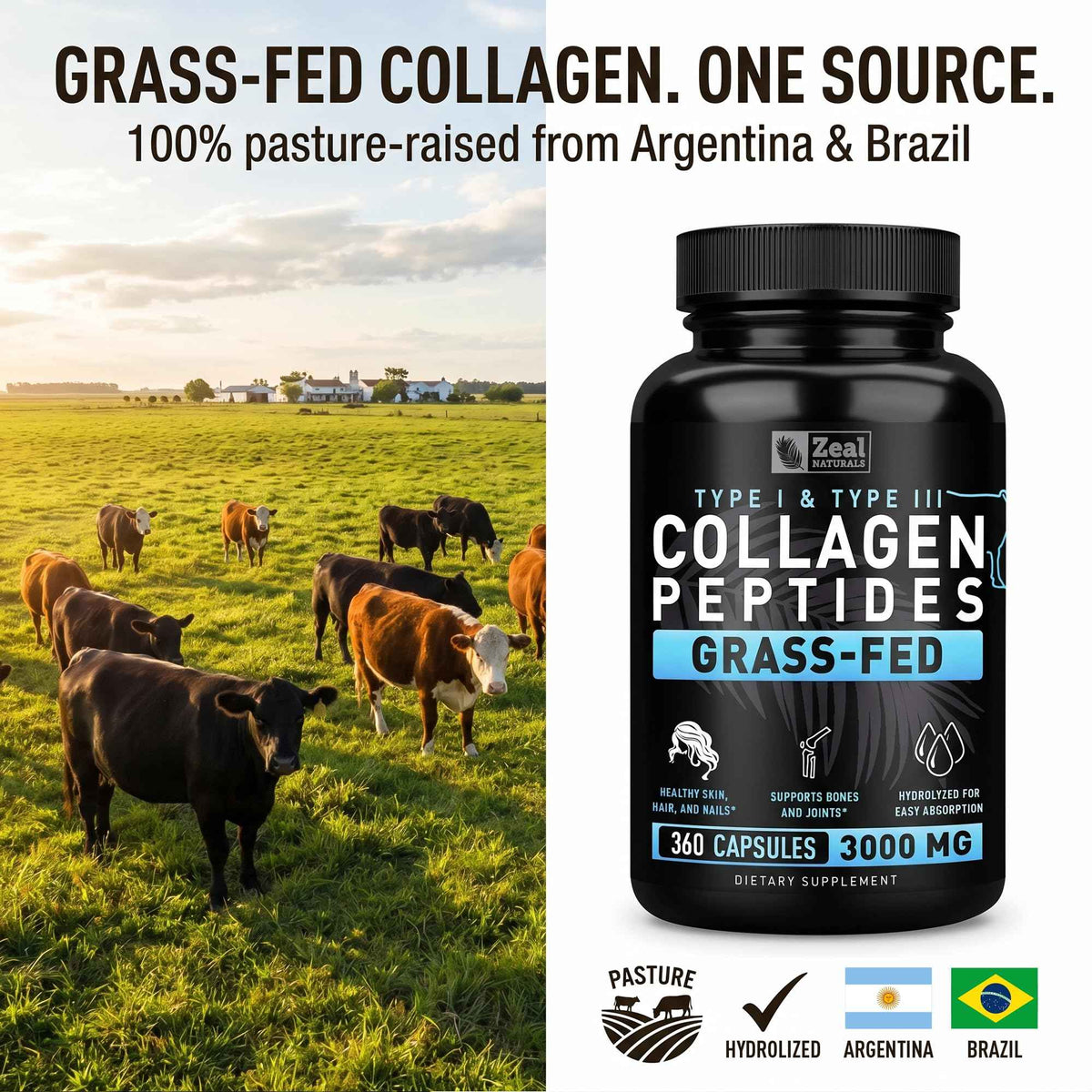 Collagen Peptides Capsules 360 Count - Grass Fed Bovine Hydrolyzed Collagen Pills - Hair, Skin & Nails, Joint Support - Collagen Supplements for Women & Men