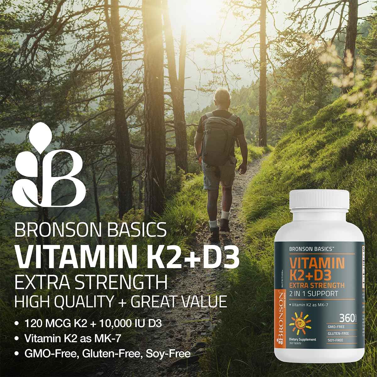Bronson Vitamin K2 (MK7) with D3 Supplement Extra Strength 2 in 1 Support, 10,000 IU Vitamin D3 & 120 mcg K2 MK-7, 120 Tablets