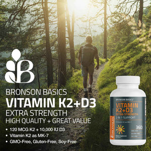 Bronson Vitamin K2 (MK7) with D3 Supplement Extra Strength 2 in 1 Support, 10,000 IU Vitamin D3 & 120 mcg K2 MK-7, 120 Tablets